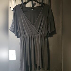 Torrid Flowy Black Faux Wrap Top with Crochet Lace Bat Wing Sleeve 2x